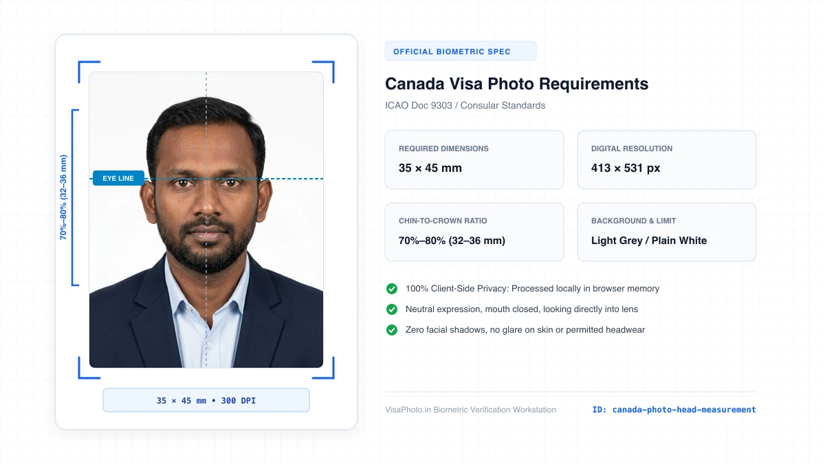 Canada visa photo frame and head height measurement diagram