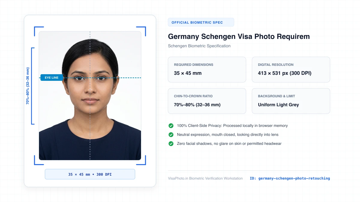 Comparison showing unretouched authentic photo vs over-retouched rejected photo for German visa