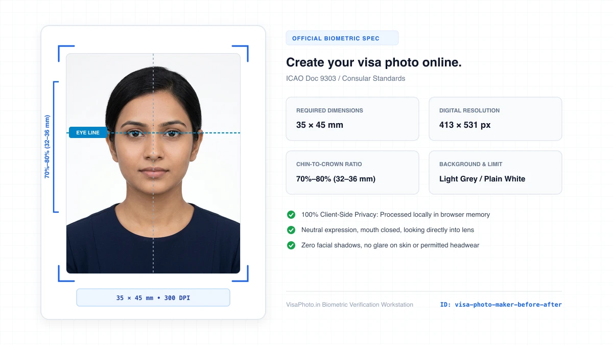Before and after comparison of mobile portrait transformed to visa photo